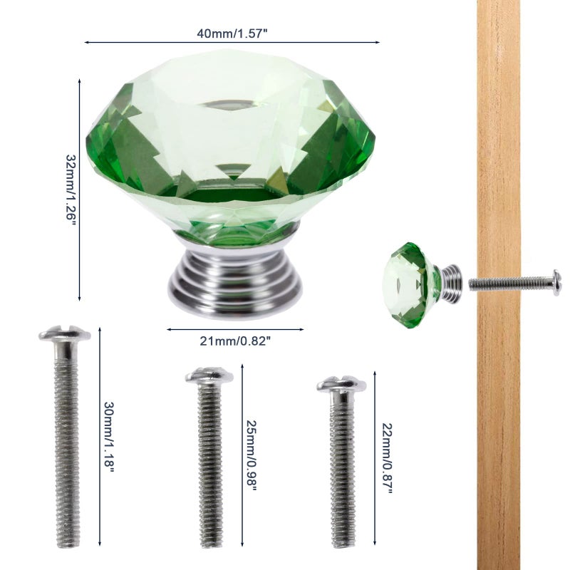 Mtsooning 40mm/1.57inch Green Crystal Knob, 2PCS Diamond Pull Handle, Furniture Hardware Knobs for Closet Cupboard Cabinet Drawer Dresser Wardrobe & 3 Size Screws - Image 4